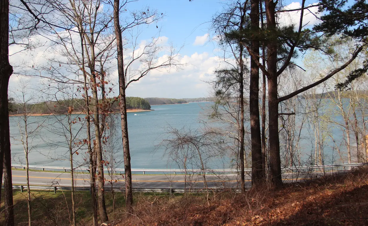 Through bare early-spring trees and pines on a leaf-covered slope, a wide blue arm of the lake opens toward wooded points with exposed red-clay shorelines under a blue sky with white cumulus clouds; a single boat leaves a white wake, and a guard-railed lakeside road crosses the foreground.